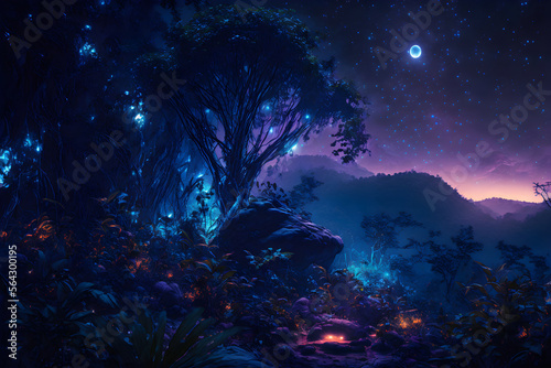 Fototapeta Naklejka Na Ścianę i Meble -  Cinematic Pandora Avatar planet at night. glowing dots at plants and trees in jungle