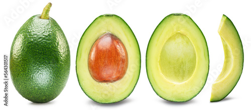 Avocado fruit and avocado slices isolated  on white background.