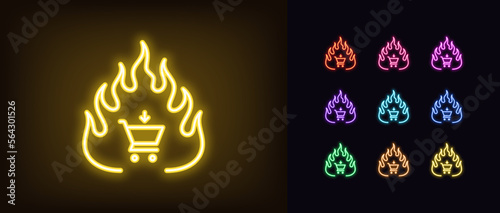 Outline neon hot offer icon set. Glowing neon fire frame with shop cart sign, hot online shopping pictogram. Top best purchases, super fire sale, popular online stores, bestseller hit.