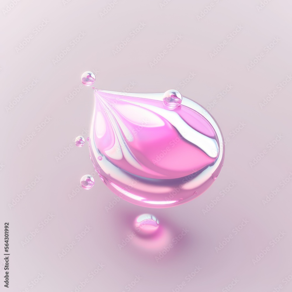 3D of pink clear droplet with beautiful shape isolated on white background. Serum skincare droplet. Generative AI.