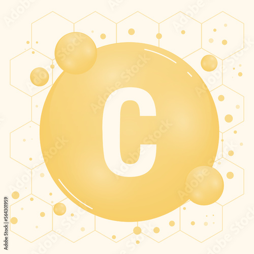 Vitamin C gold shining pill capcule icon. Vitamin complex with Chemical formula, ascorbic acid. Shining substance drop. Meds for heath ads. Vector illustration