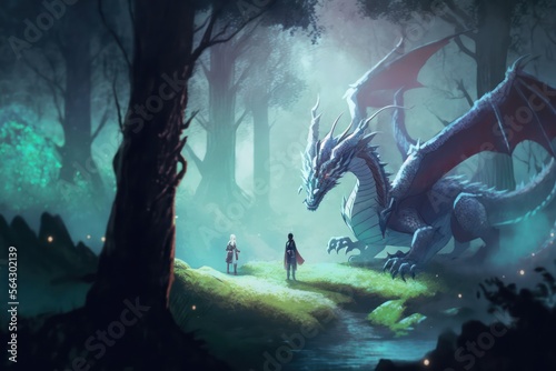 Digital art painting about girls and dragon in fantasy forest. Generative AI.
