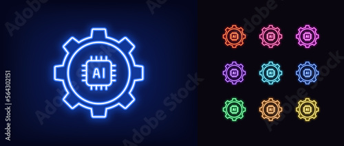 Outline neon AI settings icon set. Glowing neon gear wheel frame with microchip sign, artificial intelligence adjustment. AI control tool, smart algorithm setting, machine learning system.