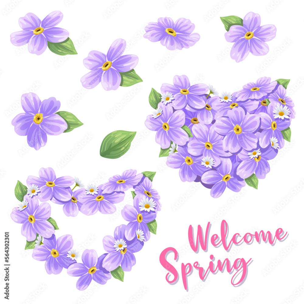 Vector illustration of flowers frame. Colorful floral heart, drawing watercolor. Welcome spring or summer design for invitation and greeting cards