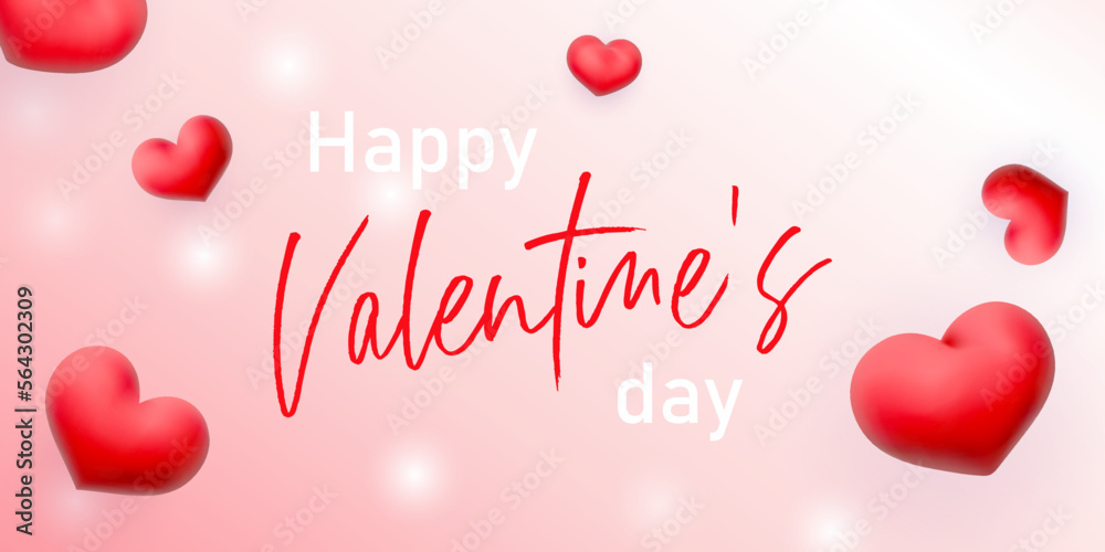 Lovely vector illustration with 3d red hearts, light pink gradient and lettering Happy Valentine’s Day. Romantic backdrop is perfect for greeting cards, gifts, banners, posters, party decoration
