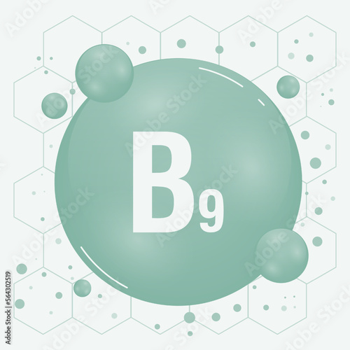 Vitamin B9 shining pill capcule icon. Vitamin complex with chemical formula, group B, folic acid. Shining substance drop. Meds for heath ads. Vector illustration