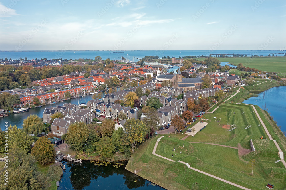 Aerial from the traditional city Muiden in the Netherlands