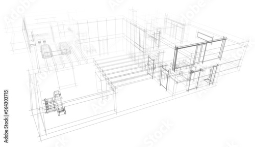 Modern house sketch architectural 3d illustration