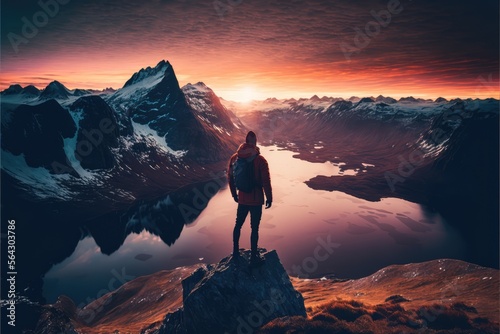 sunset over the mountains and hiker made with generative ai