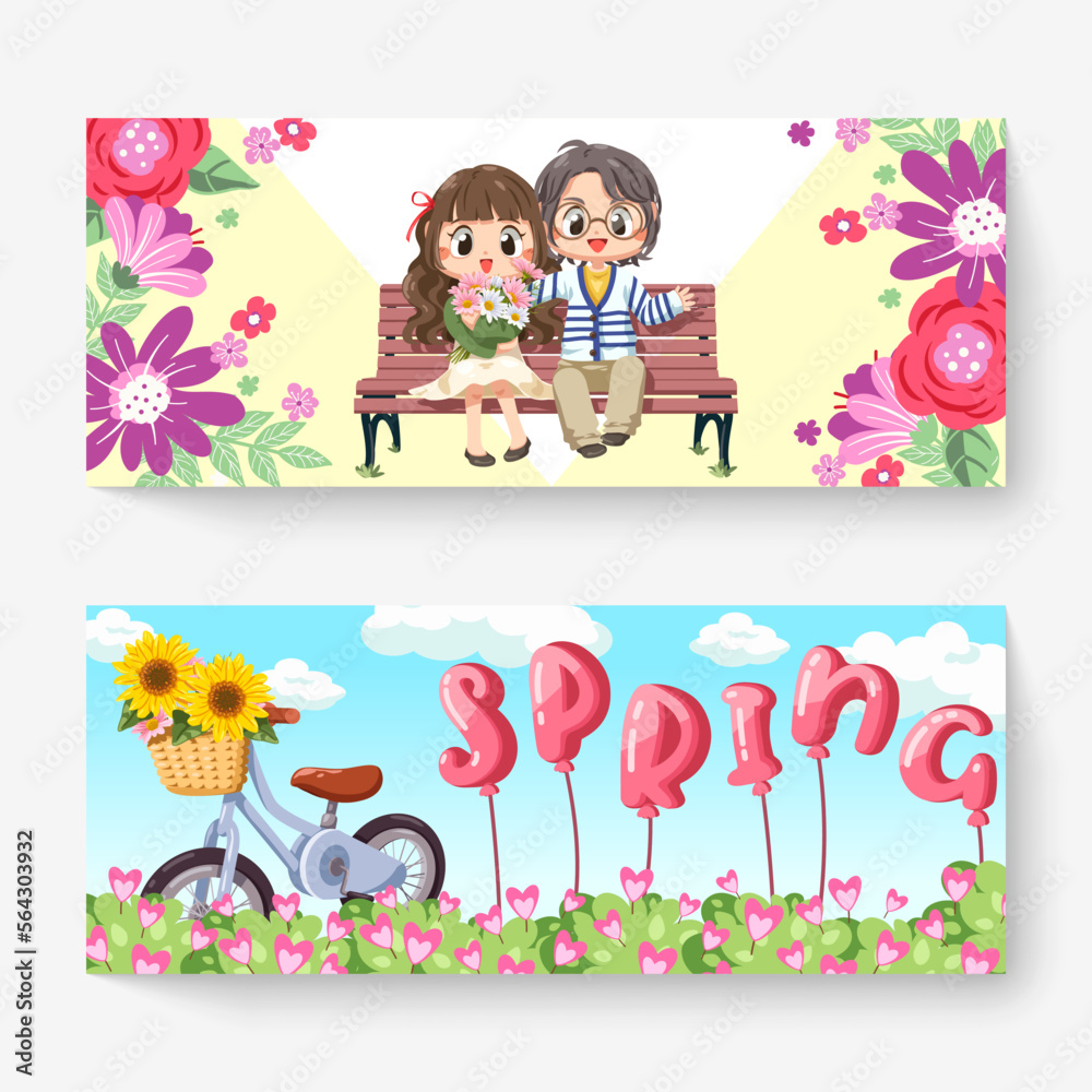 Fototapeta premium Sweet couple sitting on bench vector illustration. Blooming flowers outdoors flat style. Couple sitting on bench. spring background.