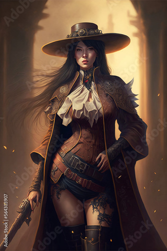 Asian female gunslinger in thigh high boots and skirt, wild west style photo