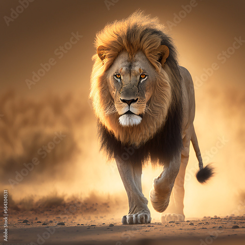 African male lion walking towards camera created with generative AI