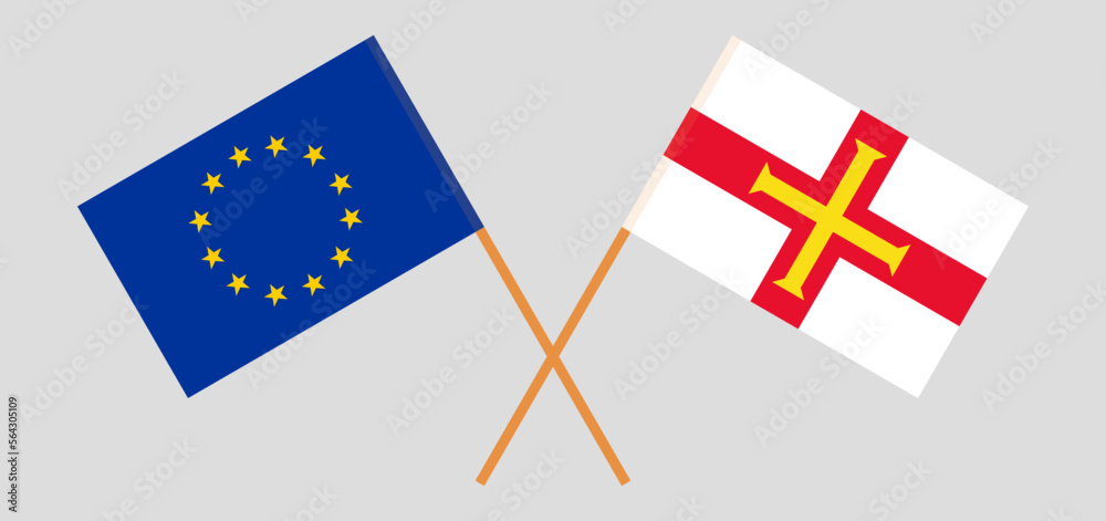 Crossed flags of the European Union and Bailiwick of Guernsey. Official colors. Correct proportion