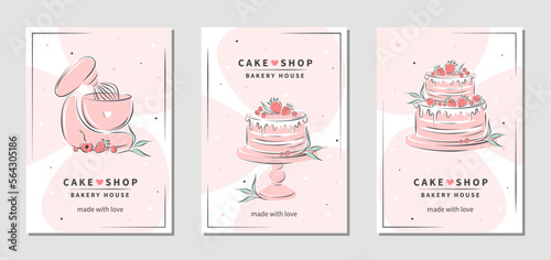 Cake shop logo. Set of design sample for pastry and bread shop, cooking, dessert, sweet products. Vector illustration for poster A4, banner, menu, advertising.