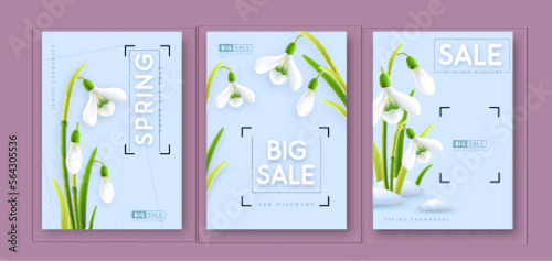 Set of Spring big sale posters with realistic full blossom snowdrops. Set of modern magazine covers. Vector illustration