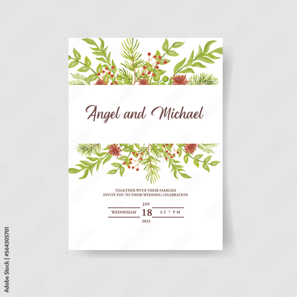 Wedding card invitation with vintage greenery watercolor vector illustration