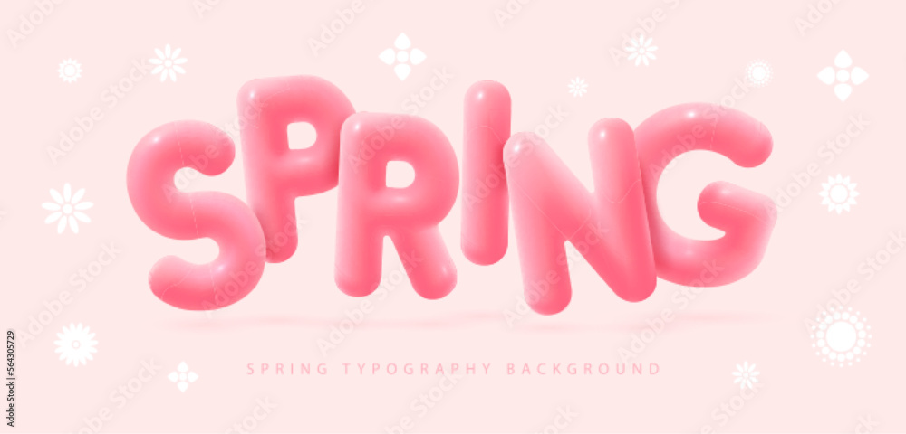 Spring typography background with little simple white flowers and 3D text on pink background. Vector illustration