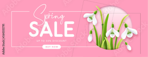 Spring big sale poster  with realistic full blossom snowdrops. Vector illustration