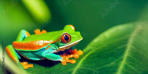 green frog on leaf, Generative AI Art Illustration