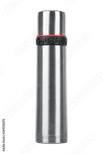Metal thermos close-up, isolated on a white background. Thermos bottle metal on white background isolation. 