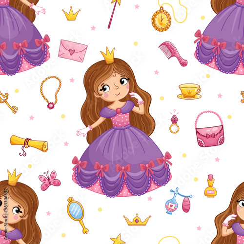 Cartoon seamless pattern with hand drawn cute little princess girl and design elements.. Vector illustration.