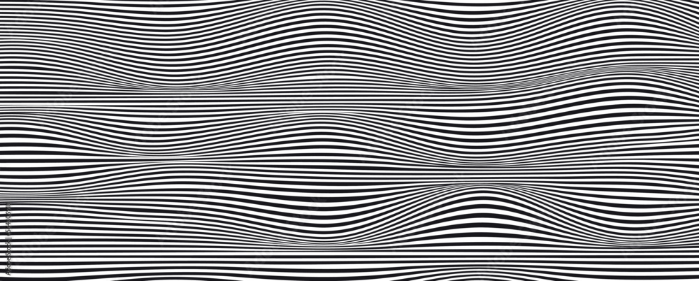 Checkered black and white line seamless pattern with optical illusion effect. Simple abstract vector monochrome background. Modern distorted texture. Op art style. Funky repeat design for decor, prin Checkered black and white line seamless pattern with optical illusion effect. Simple abstract vector monochrome background. Modern distorted texture. Op art style. Funky repeat design for decor, prin