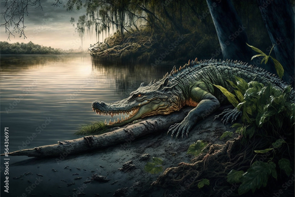 Obraz premium a dangerous crocodile lurks by the river. Generative AI