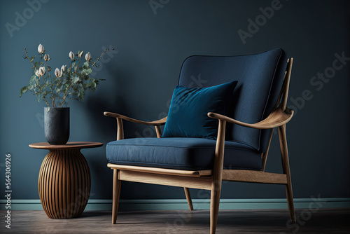 a comfortable chair stands in a minimalist furnished room with blue pillows on it and a blue wall in the background. next to it is a small table with a vase with a flower. Generative AI