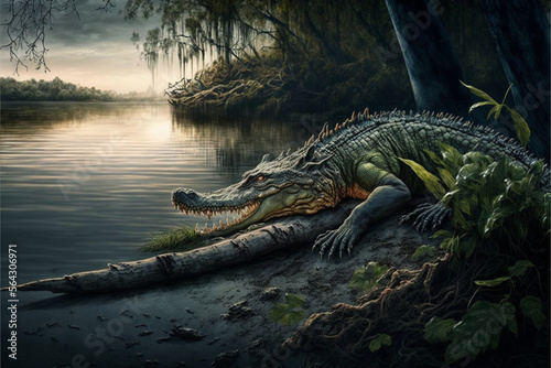 a dangerous crocodile lurks by the river. Generative AI
