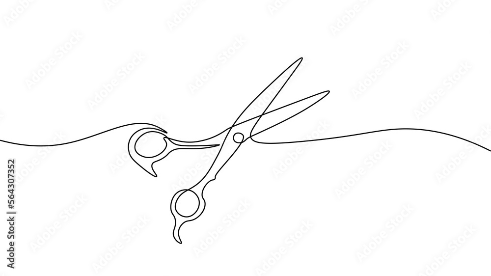One line continuous stylist scissors symbol concept. Barber haircut beauty salon lifestyle. Digital white single line sketch drawing vector illustration - obrazy, fototapety, plakaty 