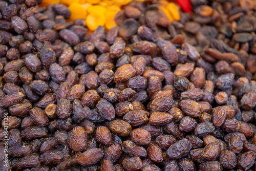 dried dates on a market stall at grand bazaar istanbul. Selective focus.
