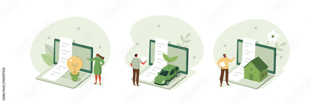 Sustainable housing illustration set. Characters using green energy to reduce payment for electricity, utilities and household. Environmentally responsible consumption concept. Vector illustration. - obrazy, fototapety, plakaty 