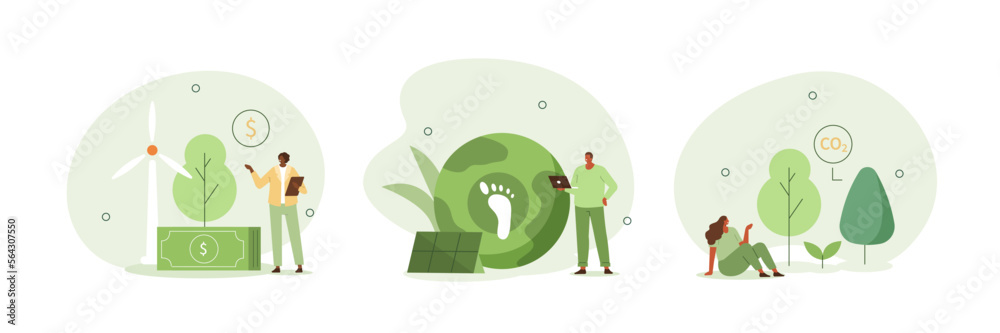 
Sustainability illustration set. Characters presenting ways to reduce CO2 emission footprint through carbon offset, credit and forest conservation. Low carbon concept. Vector illustration. - obrazy, fototapety, plakaty 