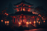 a traditional buddhist temple at night with illumination. Generative AI