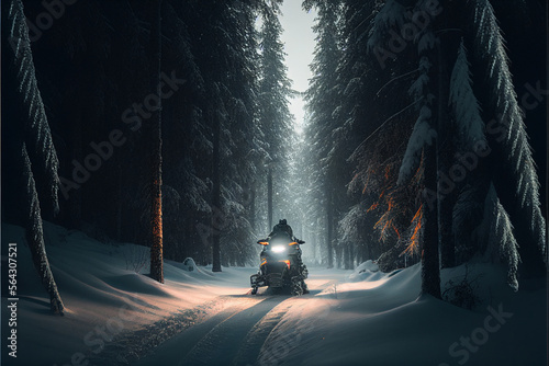 A snowmobile drives through a forest at night. Generative Ai