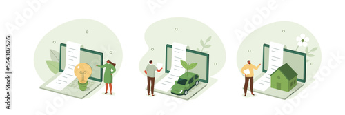 Sustainable housing illustration set. Characters using green energy to reduce payment for electricity, utilities and household. Environmentally responsible consumption concept. Vector illustration.