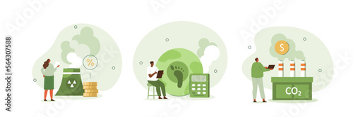 
Sustainability illustration set. Characters showing ways to reduce CO2 emission impact through carbon management and taxes. Low carbon and environmental responsibility concept. Vector illustration.