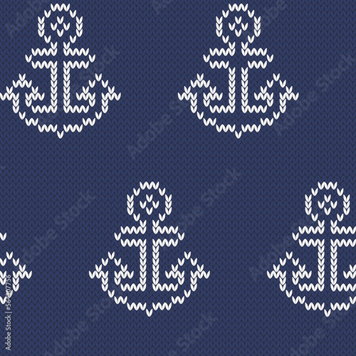 Nautical anchor knitted seamless pattern for jumper or socks. Vector illustration