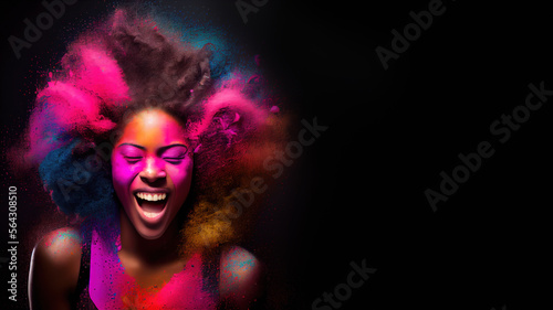 Happy black woman at Holi colour festival, colour splash, copy space. Generative AI © Pavel
