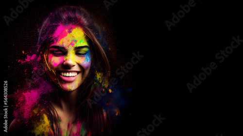 Happy caucasian woman at Holi colour festival, colour splash, copy space. Generative AI