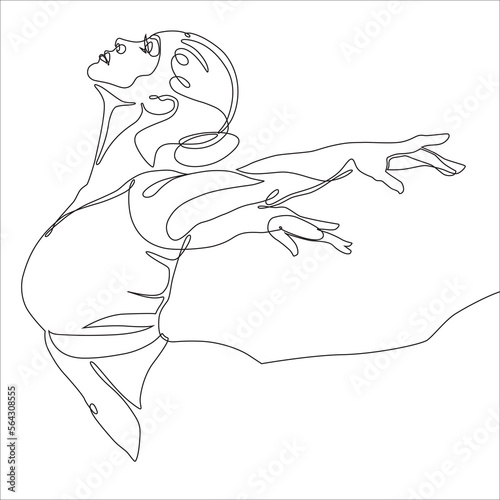 Vector continuous line art illustration of a female dancer gracefully looking up as her arms are stretching behind her. Half-length portrait.