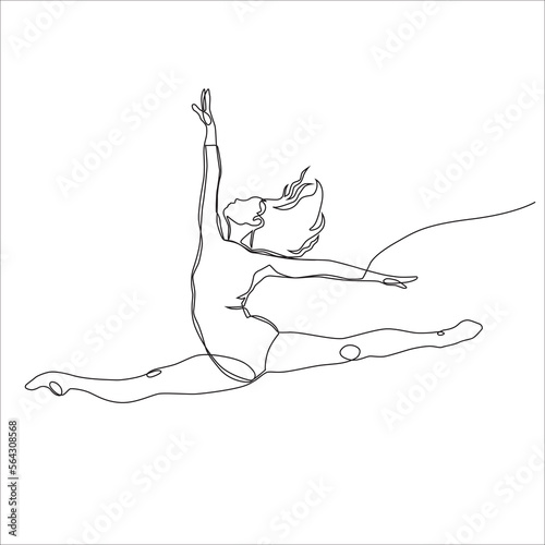 Vector continuous line art illustration of a female dancer in a leotard doing a grand jeté. Her hair is flowing as she gracefully leaps in the air.