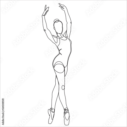 Vector continuous line art illustration of a female ballet dancer. Her hair is attached in a bun, she is in 4th position on pointe shoes.