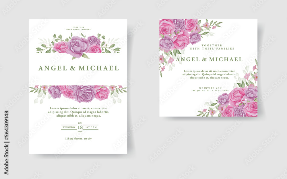 beautiful watercolor wedding and invitation card with floral and leaves frame