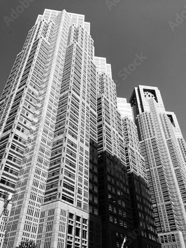 Tokyo skyline in black and white showing skyscrapers and modern Japanese urban architecture