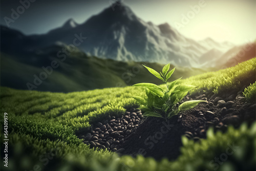 Fotografia Background with a field of young green tea,  green tea plantation scene