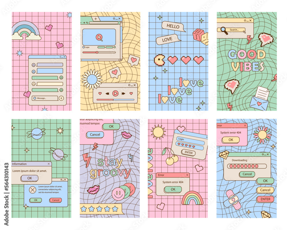 Cute nostalgic 90s retro vaporwave post and story template. Social media stories and posts with old computer aesthetic ui elements vector set. Vector Illustration of retro groovy abstract interface.