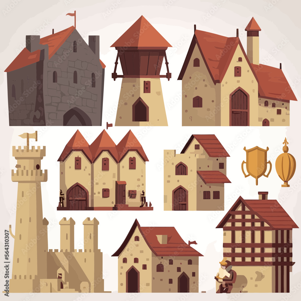 Set Of Medieval Buildings, Illustrated Towers, Houses, And Castles. Vector Set Of European Medieval Architecture