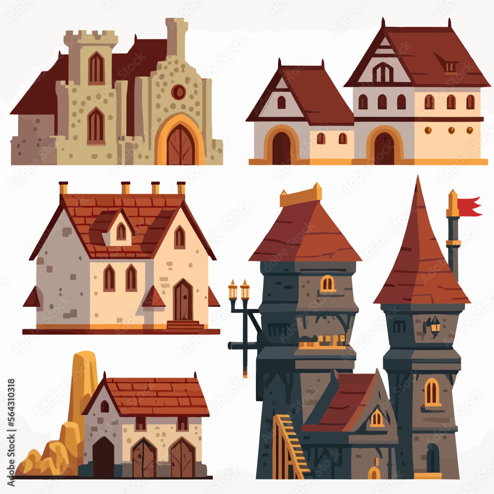 Set Of Medieval Buildings, Illustrated Towers, Houses, And Castles. Vector Set Of European Medieval Architecture