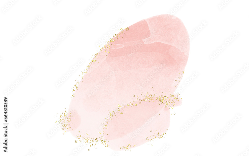 Fototapeta premium Pastel rose or pink watercolor brush stroke splash with luxury golden frame and glitter gold lines round contour frame for banner or logo wedding elements